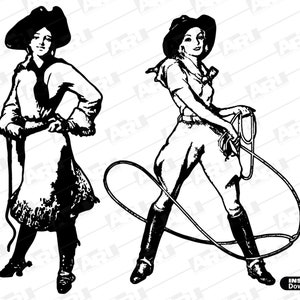 May include: A black and white graphic illustration featuring two figures in western attire. The left figure wears a wide-brimmed hat, shirt, and skirt with a lasso. The right figure wears a hat, shirt, and pants, holding a coiled lasso rope.