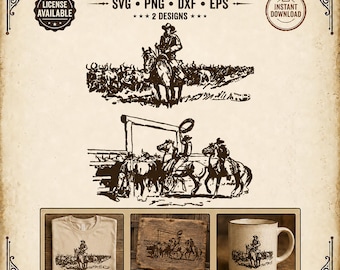 SVG-Bundle „Viehpferch“ | Trail Boss Cowboys Ranch-Cliparts | 2 Vintage-Western-Cricut-Downloads