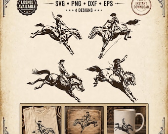 Galloping COWBOYS SVG Bundle | 4 Horseback Rider Clipart Designs Png Dxf Eps | Western Cricut Digital Download