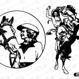 May include: A black and white graphic illustration featuring two distinct scenes: a circular emblem showing a person in a hat standing beside a horse, and a separate action scene depicting a person riding a bucking horse with one arm raised.