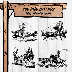 Cowboys Lassoing Steers SVG Bundle - 4 Western Horseback Clipart-Bilder, PNG für Sublimation, Cricut, DTG (eps / dxf enthalten) 300 dpi