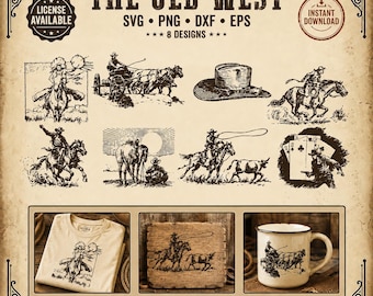 Old WEST Bundle SVG | 8-teiliger Vintage-Cowboy-Collagebogen | Wagon Roping Poker Clipart | png dxf eps