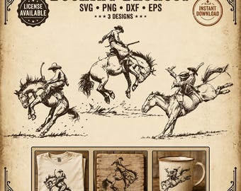 Bucking Bronco svg bundle, rodeo bronc rider clipart, western cowboy bucking horse png dxf eps, cricut sublimation cut file, 3 designs
