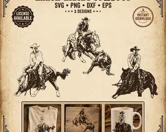 Arbetande ko-häst Clipart, Ranchridning SVG-paket, Reininghäst PNG, Cowboy på häst Clipart, Western Ranch SVG, Stockhästillustrationer