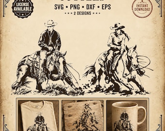 Cutting Horse SVG 2 Styles Cowboy Cowgirl Cutter Clipart Western Ranch Horse PNG Reined Cow Horse Dxf Eps Cricut Sublimation Download
