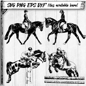 Quatre images d'événement de compétition équestre SVG PNG, dressage et chasseur/sauteurs, ensemble d'illustrations clipart, (+fichiers eps et dxf) 300 DPI