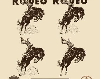 Puede incluir: Un diseño gráfico digital que presenta cuatro ilustraciones idénticas de un vaquero montando un caballo encabritado, dispuestas en cuadrícula. Sobre las dos imágenes superiores, la palabra RODEO aparece en fuente oscura.