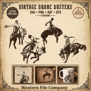 Op de afbeelding: Vintage digitale ontwerpen met bronc-ruiters in actie. De afbeelding bevat vier verschillende illustraties van cowboys die op wilde paarden rijden, samen met voorbeelden op een t-shirt, houten plaat en mok. Tekst bevat "Vintage Bronc Busters" en "Western File Company".