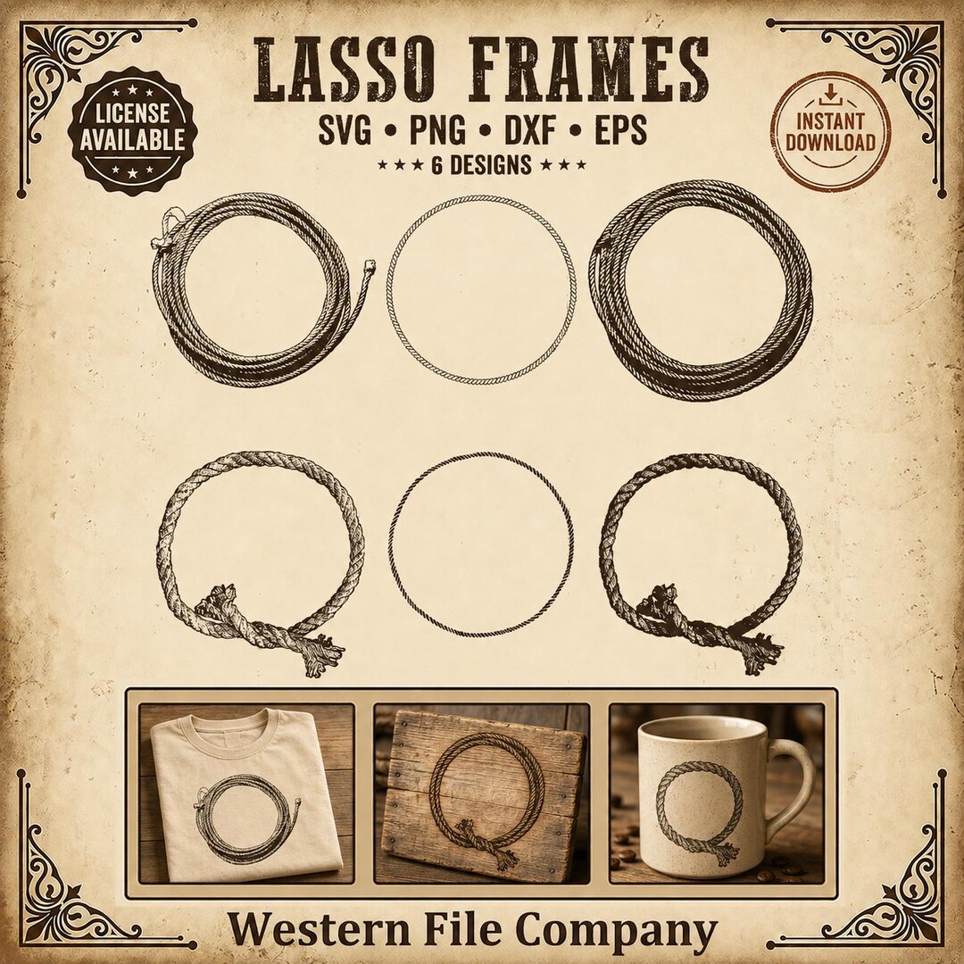 Lasso Rope Frame SVG Bundle 6 Designs Circle Border Clipart Western ...