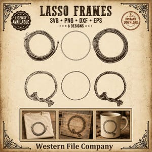 May include: A sepia-toned graphic showcasing six lasso frame designs. The image includes a license available badge and an instant download badge. The designs are shown on a t-shirt, wooden board, and coffee mug. The text reads "LASSO FRAMES".