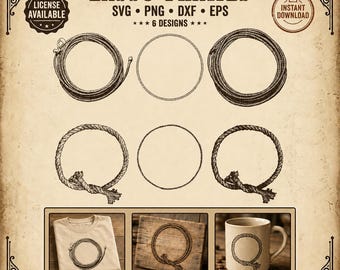 Lasso Rope Frame SVG Bundle 6 Designs Circle Border Clipart Western Rope Wreath PNG Vintage Cowboy dxf eps Cricut Sublimation Download