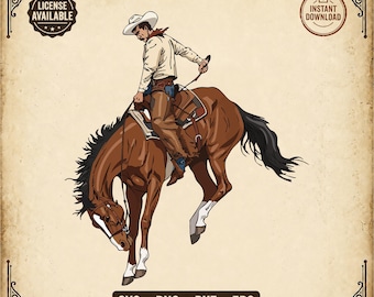 Bronc COLOR SVG | Chestnut Horse Bucking Rider Clipart | Vintage Rodeo Full Color Art | png dxf eps