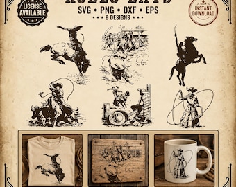 May include: A digital design set titled "Rodeo Days" featuring six illustrations of rodeo events. The designs include cowboys riding bucking broncos, roping cattle, and other rodeo scenes. The set includes SVG, PNG, DXF, and EPS file formats.
