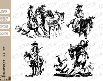 Western Cowboys SVG, Broncos PNG, The American West, Saddled Horses, Clip Art Bundle for Cricut, Silhouette, DTG, Sublimation (pdf and jpg)