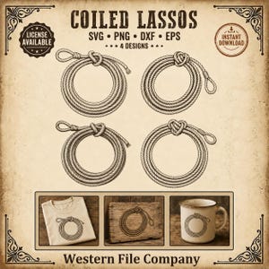 Könnte beinhalten: Ein digitales Design-Set mit dem Titel COILED LASSOS, das vier verschiedene Lasso-Illustrationen in den Formaten SVG, PNG, DXF und EPS enthält. Die Grafik zeigt vier aufgerollte Seile mit Knoten auf einem beigen Hintergrund mit Anwendungsbeispielen.