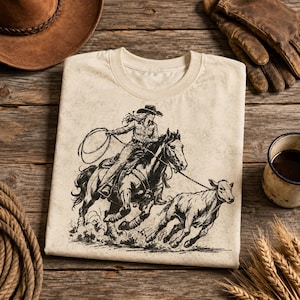Op de afbeelding: Een beige t-shirt met een zwarte inktillustratie van een persoon met een cowboyhoed op een paard, die een lasso zwaait om een kalf te vangen. De afbeelding toont een dynamische westernsc&egrave;ne met gedetailleerde lijnen en schaduwwerking.