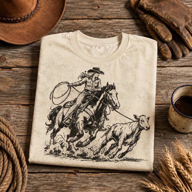 Op de afbeelding: Een beige t-shirt met een zwarte inktillustratie van een persoon met een cowboyhoed op een paard, die een lasso zwaait om een kalf te vangen. De afbeelding toont een dynamische westernsc&egrave;ne met gedetailleerde lijnen en schaduwwerking.