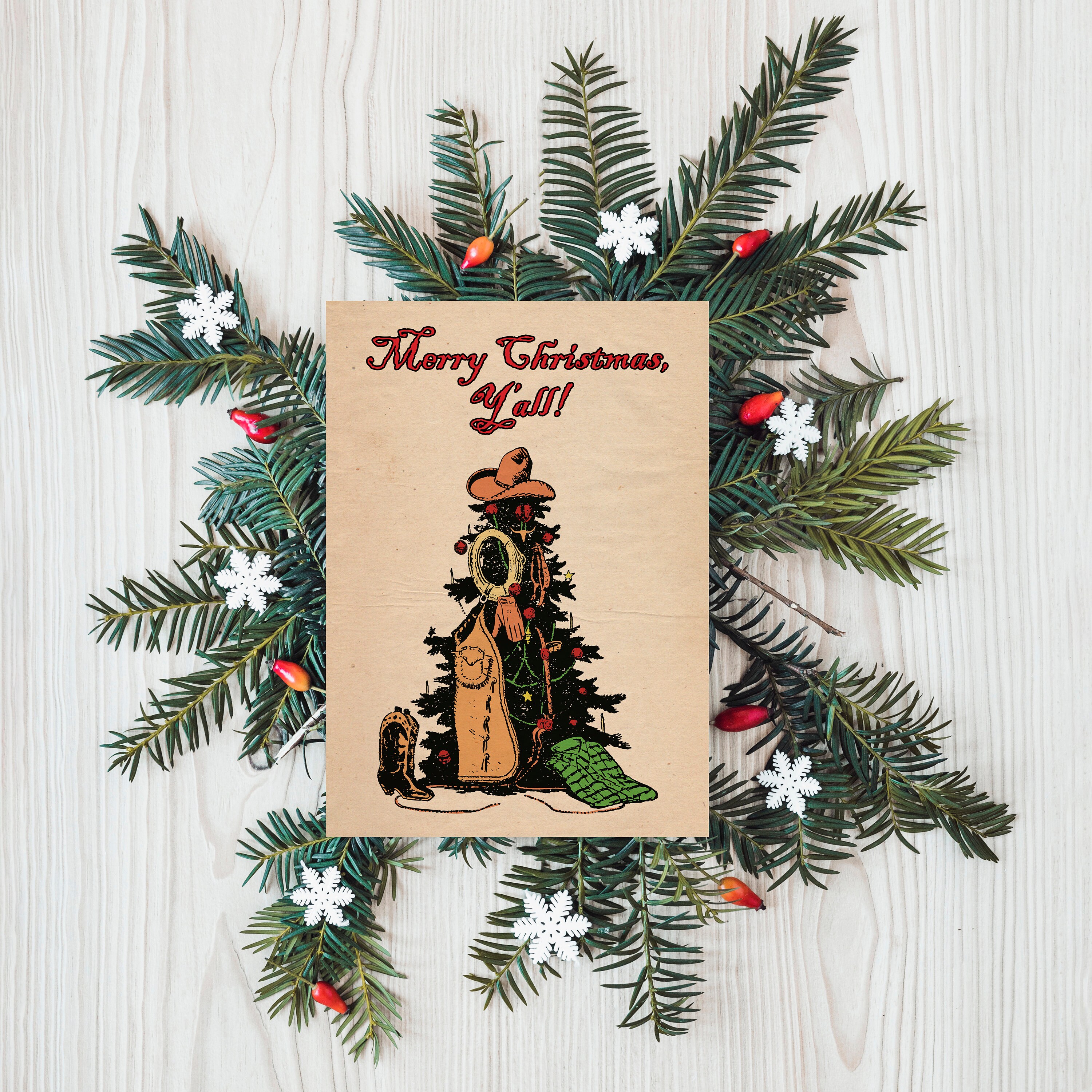 Westernthemed Cowboy Christmas Card With merry Christmas, Y'all Text