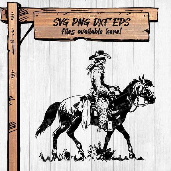 Paquete de imágenes prediseñadas de vaquero a caballo: archivos SVG y PNG del oeste (descarga digital de 300 DPI)