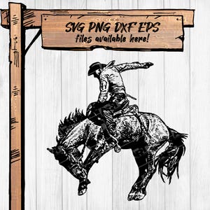 Cowboy a cavallo SVG PNG – Clipart da rodeo per Cricut, Silhouette, Sublimazione, DTG (file eps/dxf) / Arte di equitazione da sella / 300 dpi