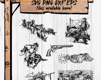 Imágenes prediseñadas de vaqueros del Salvaje Oeste: caballos, revólveres, rifles (svg, png, eps, dxf)