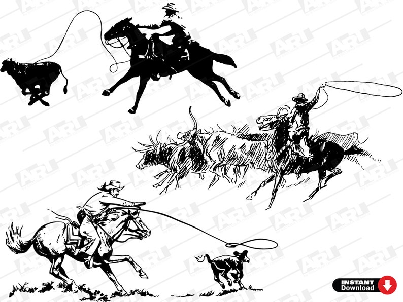 Western Cowboy Roping SVG Bundle | Vintage Calf Roping Clipart | Rodeo ...