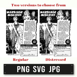 Vintage pulp-fictie-advertentie voor 'huwelijk onheil', digitaal bestand svg png jpg, retro humoristische kunst, downloadbaar cadeau voor hem of haar