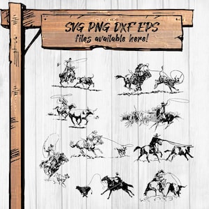 Paquete SVG de vaquero lazando al estilo occidental: Ganado lazando PNG, clipart de cuernos largos, sublimación, archivos de corte de silueta de Cricut (+ dxf, eps, pdf, jpg)