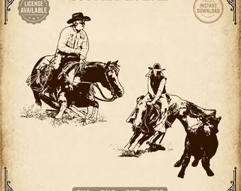 Cutting Horses SVG Bundle: Rodeo Cowboy & Cowgirl PNG Clipart (Digital Download)