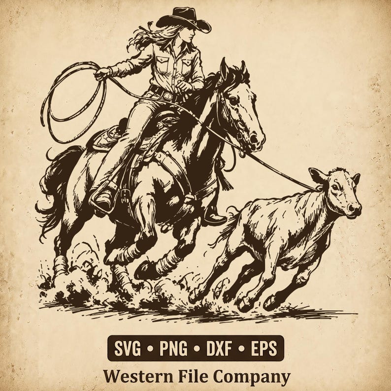 Op de afbeelding: Een donkerbruine inktillustratie op een lichtbruine achtergrond met een cowgirl op een paard die een kalf vangt met een lasso. De tekst onderaan luidt SVG &bull; PNG &bull; DXF &bull; EPS en Western File Company. De stijl is een gedetailleerde lijntekening.
