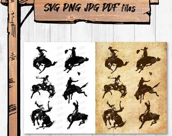 Western Cowboys on Broncos – grafika cyfrowa – Rodeo Clipart (svg, png, pdf, jpg)