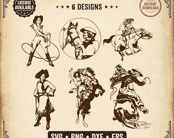 Vintage COWGIRL SVG-bundel | 6 retro western rodeo-ontwerpen | Roping Bronc Rider Horse | png dxf eps | Digitale download Cricut silhouet