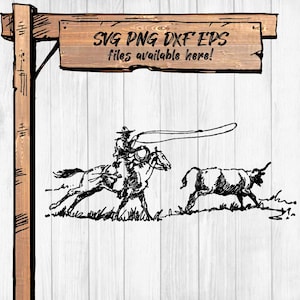 Cowboy chasing Longhorn SVG – Western Rodeo Silhouette Clipart, fichier de coupe Ranch pour Cricut, téléchargement immédiat au format png pdf dxf eps