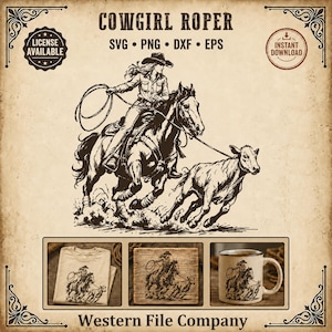 Op de afbeelding: Een digitaal grafisch ontwerp getiteld COWGIRL ROPER met een zwarte inktillustratie van een cowgirl te paard die een kalf vangt met een lasso. De afbeelding bevat SVG, PNG, DXF, EPS bestandsformaten, licentie- en downloadpictogrammen.
