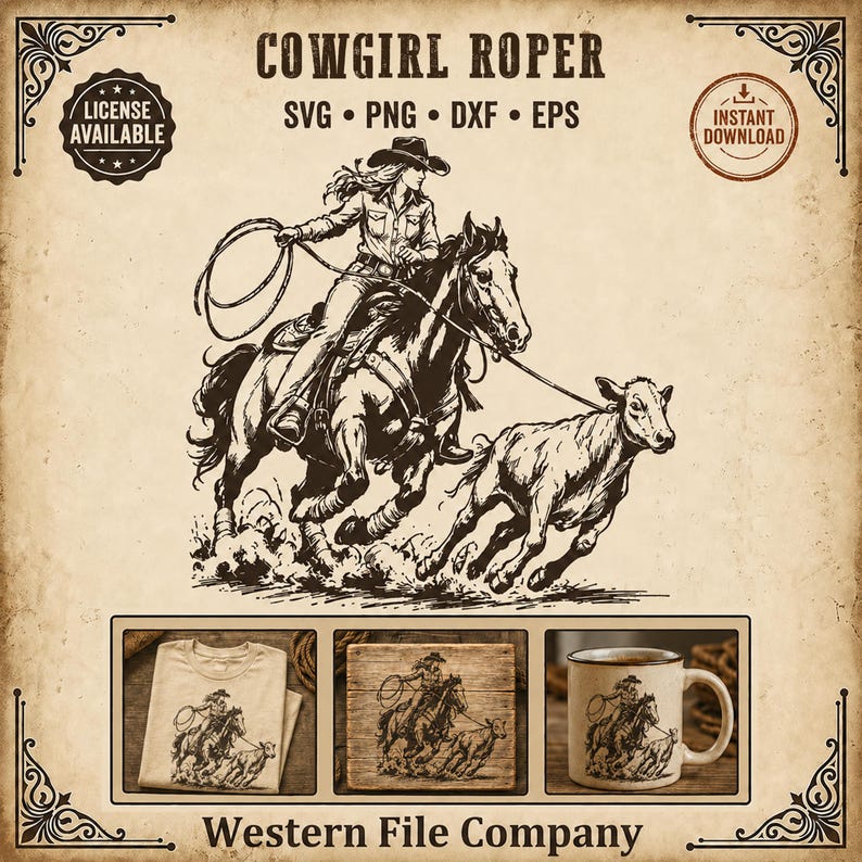 Op de afbeelding: Een digitaal grafisch ontwerp getiteld COWGIRL ROPER met een zwarte inktillustratie van een cowgirl te paard die een kalf vangt met een lasso. De afbeelding bevat SVG, PNG, DXF, EPS bestandsformaten, licentie- en downloadpictogrammen.