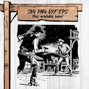 Tiroteo de vaqueros vintage, ilustración retro del oeste (descarga digital), enfrentamiento clásico del oeste PNG, SVG y PNG imprimibles estilo pulp