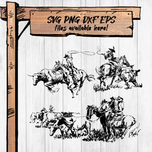 Puede incluir: Ilustraciones en blanco y negro de vaqueros a caballo lazando ganado, con el texto "SVG PNG DXF EPS files available here!" en un letrero de madera. Las imágenes representan escenas de rodeo, ideales para arte digital o manualidades.