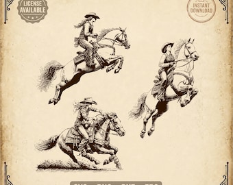 Fine Line COWGIRL SVG Bundle | 3 Design Rodeo Action Clipart | Detailed Western Horse Set | png dxf eps