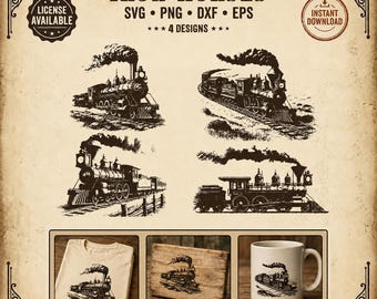 Steam Train SVG Bundle 6 Designs Vintage Locomotive Clipart Old West Railroad PNG Steam Engine dxf eps Cricut Sublimation Instant Download