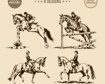 Horse SVG Bundle, Equestrian Clipart, Show Jumping, Dressage Horse Rider PNG, Vintage Horse Illustration, Horseback Riding DXF Cut File