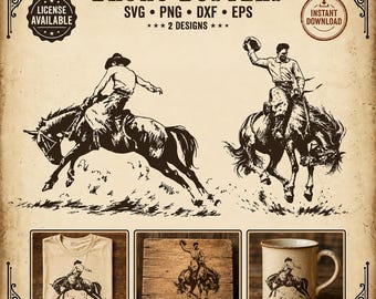 Bronc BUSTER SVG | 2 Style Bareback Saddle Rider Clipart | Vintage Rodeo Cowboy Bundle | png dxf eps