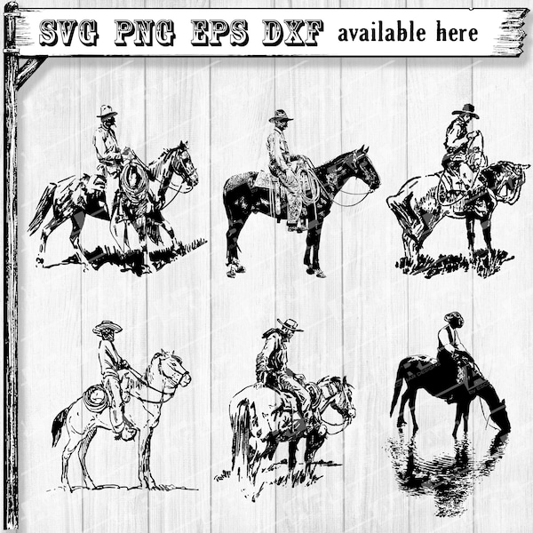 Cowboys on Horses SVG, Western SVG png, Saddles SVG, Cowboy Line/Clip Art Illustrations Bundle, eps dxf, Sublimation, Cricut, Silhouette