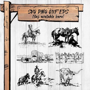 Western Illustrationen Clipart Bundle - Cowboys, Pferde, Native American, Sättel & Wagons (Svg/Png/Dxf/Eps) für Cricut, Sublimation, DTG