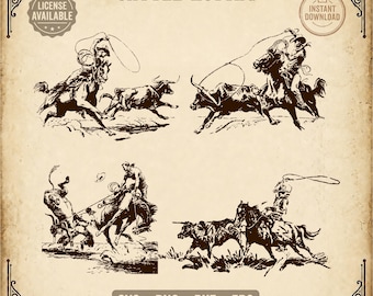 Könnte beinhalten: Ein digitales Grafikset mit vier verschiedenen dunkelbraunen Illustrationen im Tusche-Stil, die Cowboys beim Rinderfangen auf einem strukturierten beigen Hintergrund zeigen. Der Text CATTLE ROPING, LICENSE AVAILABLE, INSTANT DOWNLOAD und SVG PNG DXF EPS Western File Company ist zu sehen.