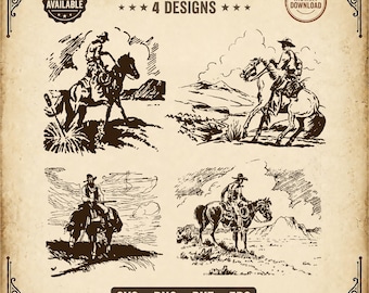 Op de afbeelding: Een digitale collectie van vier zwarte inktillustraties met cowboys te paard in diverse westerse landschappen. De tekst luidt COWBOYS ON HORSEBACK, 4 DESIGNS, LICENSE AVAILABLE, INSTANT DOWNLOAD en SVG PNG DXF EPS Western File Company.