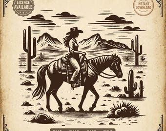 SOUTHWEST Cowgirl SVG | Horse Rider Desert Saguaro Scene Clipart | Vintage Western Landscape | png dxf eps