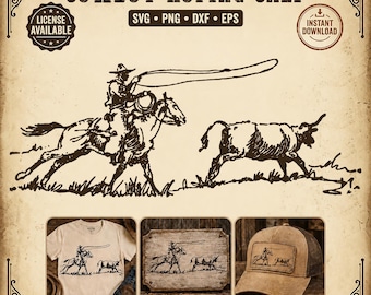 Cowboy-Kalbfang-SVG, Western-Rodeo-SVG, Cowboy-PNG, DXF, EPS, Ranch-Clipart, Cricut-Silhouette-Schnittdatei, Kälberfang-Design