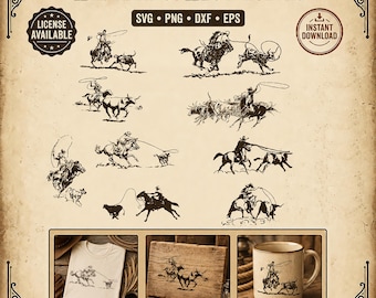 Puede incluir: Un gráfico digital de estilo vintage con ilustraciones de vaqueros lazando ganado. El diseño incluye el texto "Western Cowboy Roping" y ofrece formatos SVG, PNG, DXF y EPS. La imagen también muestra ejemplos del diseño en una camiseta, una placa de madera y una taza.