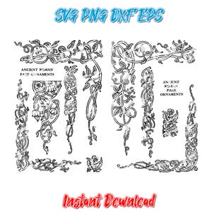 May include: Black and white digital illustrations of ancient Roman page ornaments, including corner designs and vertical borders with floral and leaf motifs. Text includes "SVG PNG DXF EPS", "Ancient Roman Page Ornaments", and "Instant Download".