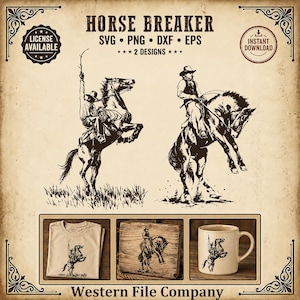 May include: A sepia-toned graphic featuring two cowboys riding bucking broncos. Below, a t-shirt, wooden block, and mug display the same design. Text includes "HORSE BREAKER" and "Western File Company."